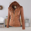 Esther/ Elegante chaqueta de cuero marrón para mujer con capucha, manga larga y estilo motero acolchado.