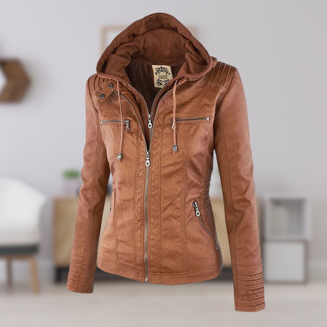 Esther/ Elegante chaqueta de cuero marrón para mujer con capucha, manga larga y estilo motero acolchado.