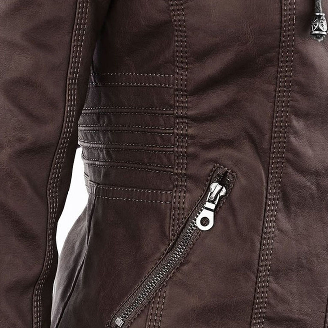 Esther/ Elegante chaqueta de cuero marrón para mujer con capucha, manga larga y estilo motero acolchado.