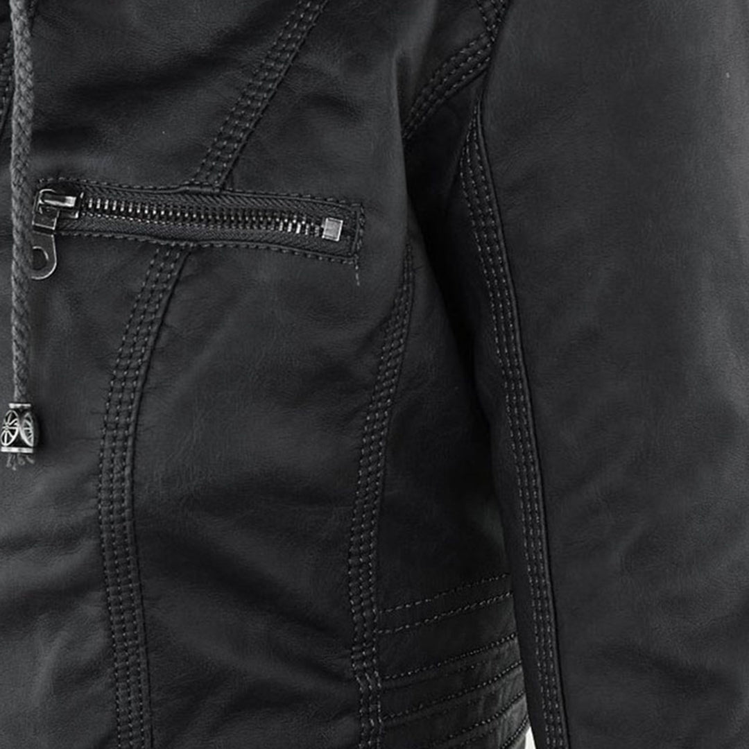 Esther/ Elegante chaqueta de cuero marrón para mujer con capucha, manga larga y estilo motero acolchado.