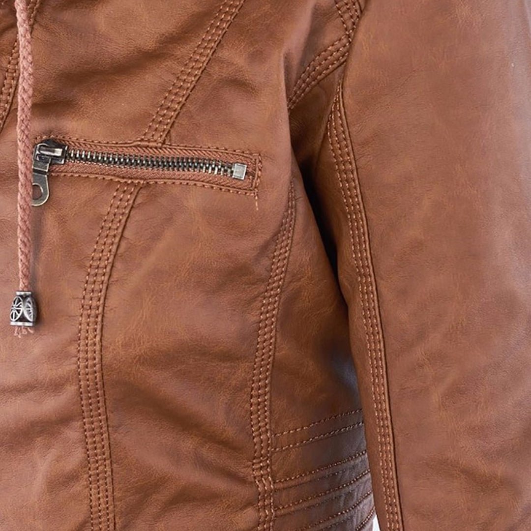 Esther/ Elegante chaqueta de cuero marrón para mujer con capucha, manga larga y estilo motero acolchado.