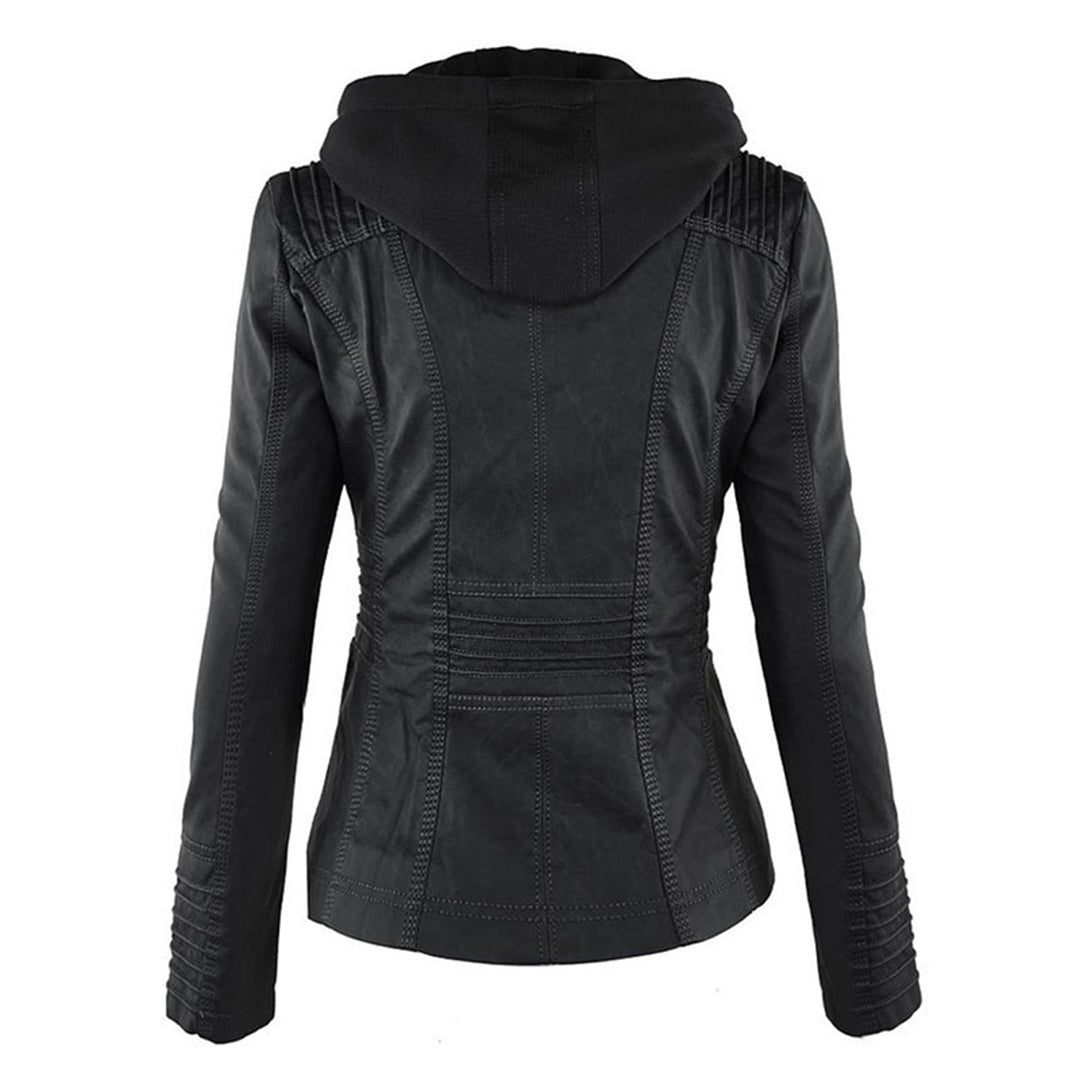 Esther/ Elegante chaqueta de cuero marrón para mujer con capucha, manga larga y estilo motero acolchado.