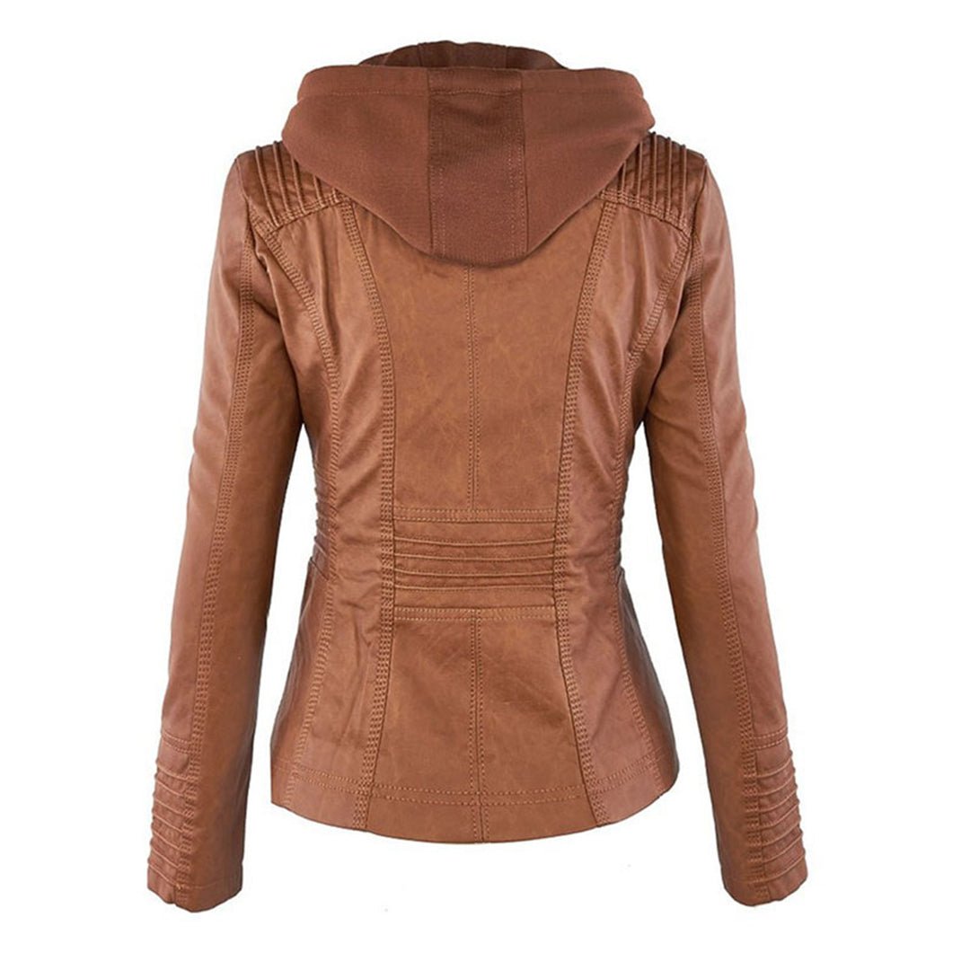 Esther/ Elegante chaqueta de cuero marrón para mujer con capucha, manga larga y estilo motero acolchado.