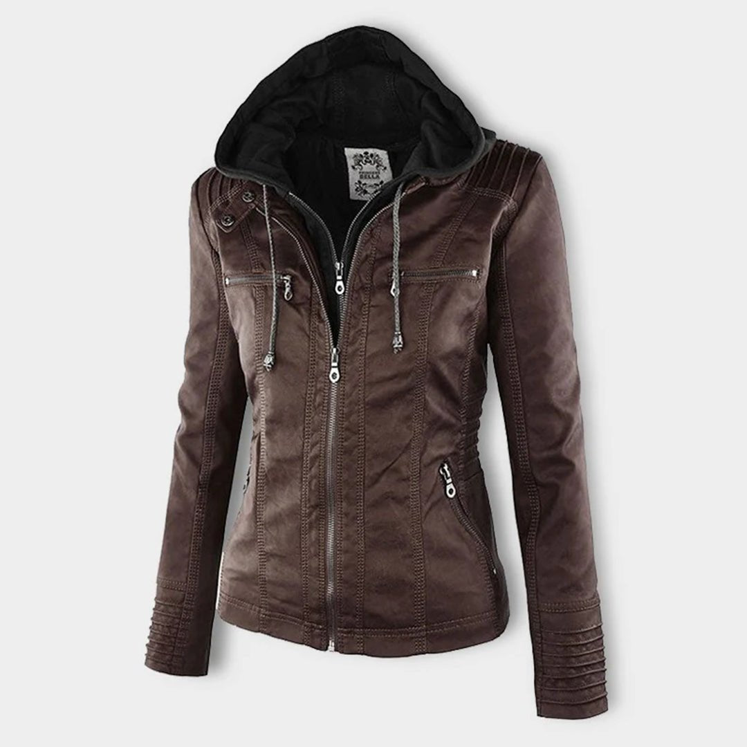 Esther/ Elegante chaqueta de cuero marrón para mujer con capucha, manga larga y estilo motero acolchado.
