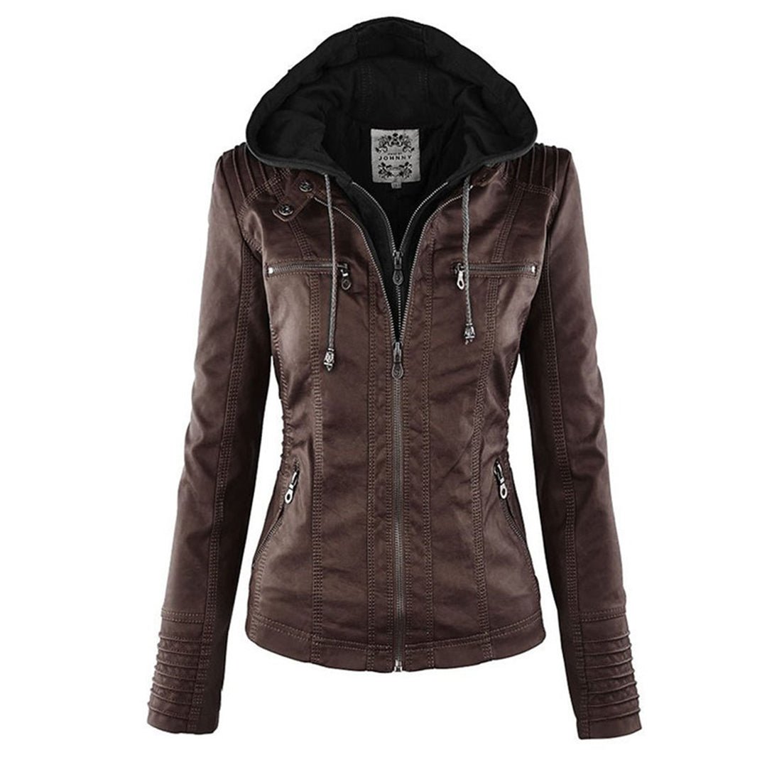 Esther/ Elegante chaqueta de cuero marrón para mujer con capucha, manga larga y estilo motero acolchado.