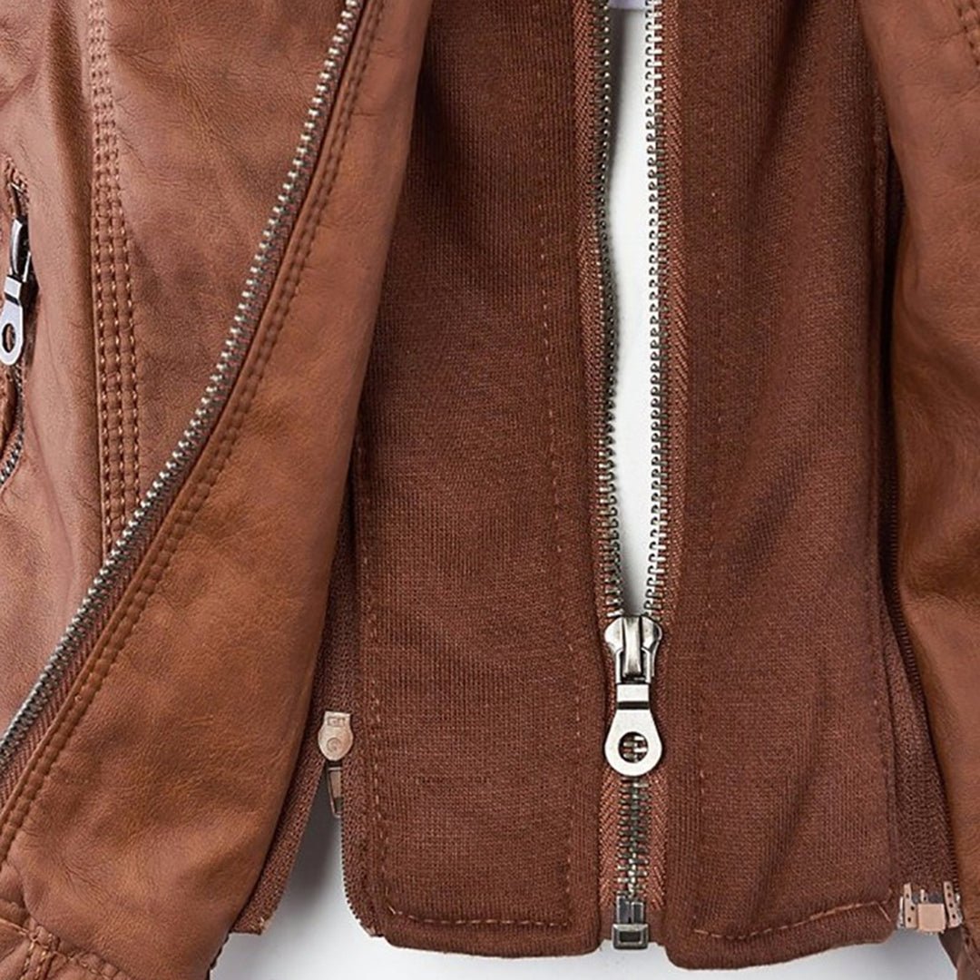 Esther/ Elegante chaqueta de cuero marrón para mujer con capucha, manga larga y estilo motero acolchado.