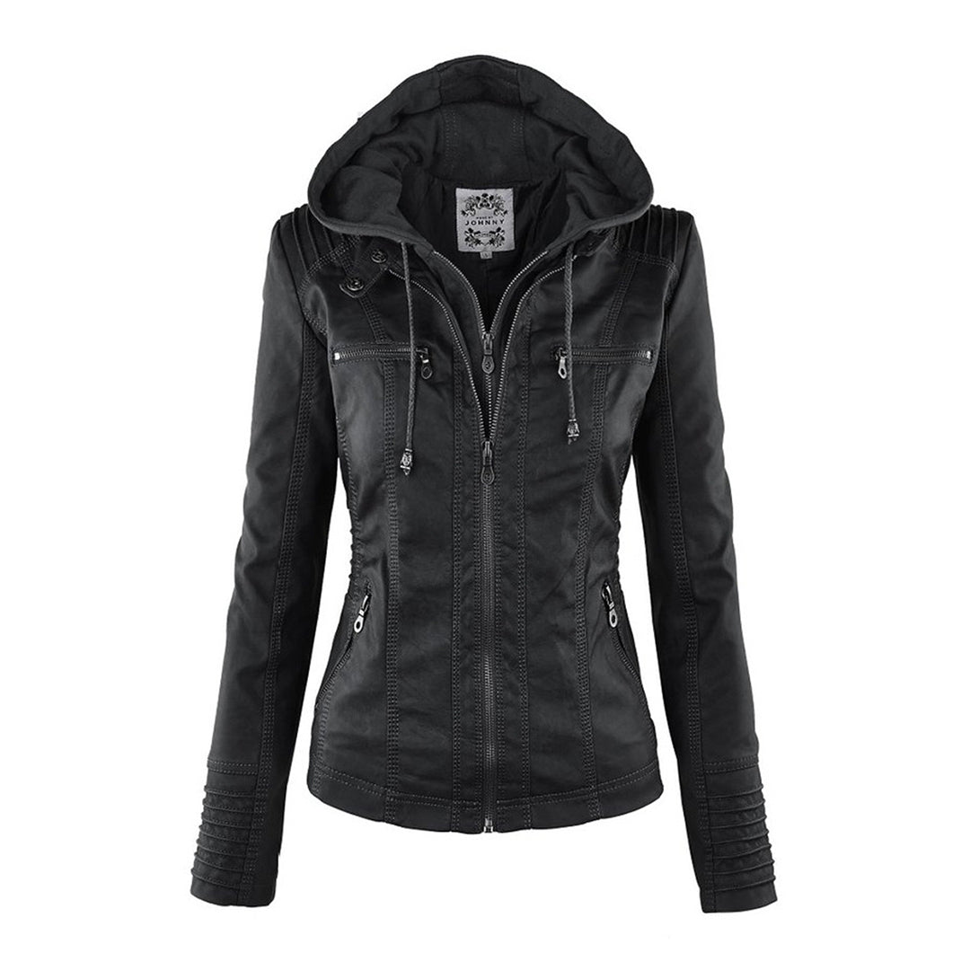Esther/ Elegante chaqueta de cuero marrón para mujer con capucha, manga larga y estilo motero acolchado.