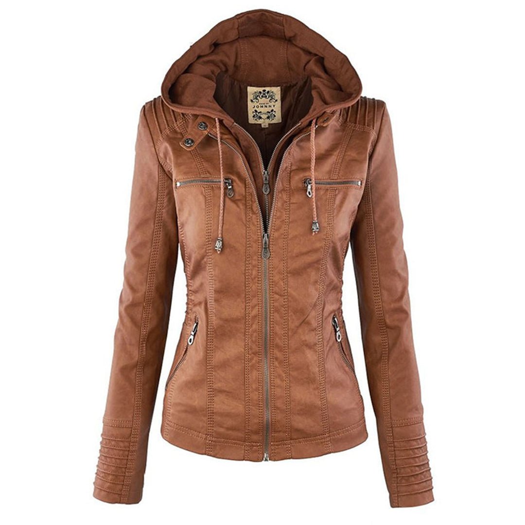 Esther/ Elegante chaqueta de cuero marrón para mujer con capucha, manga larga y estilo motero acolchado.