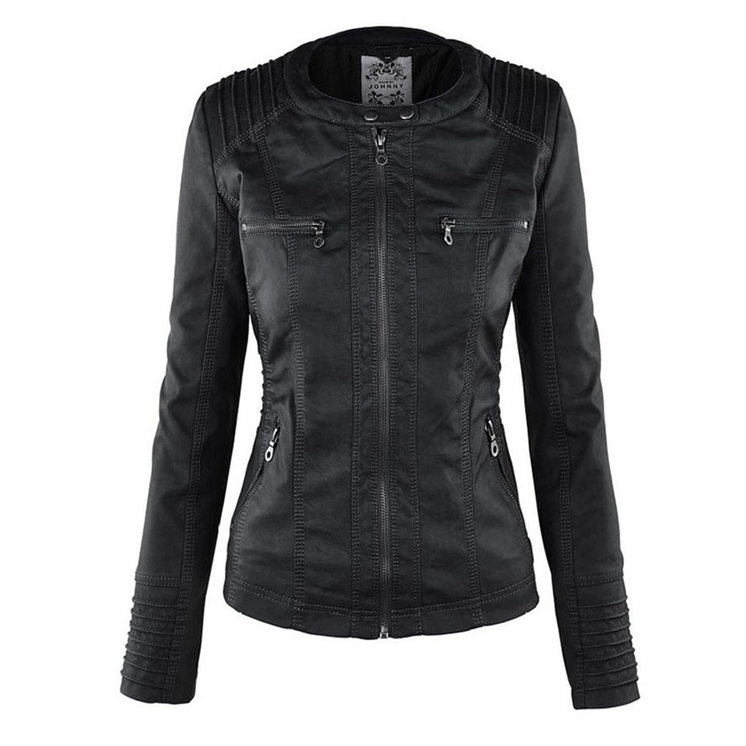 Esther/ Elegante chaqueta de cuero marrón para mujer con capucha, manga larga y estilo motero acolchado.