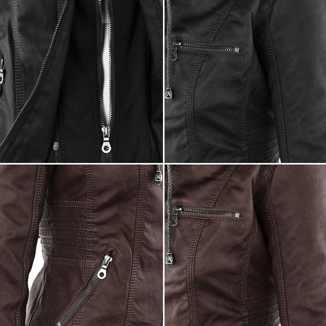 Esther/ Elegante chaqueta de cuero marrón para mujer con capucha, manga larga y estilo motero acolchado.