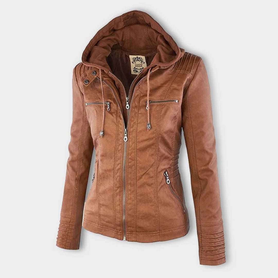 Esther/ Elegante chaqueta de cuero marrón para mujer con capucha, manga larga y estilo motero acolchado.