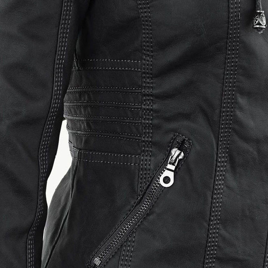 Esther/ Elegante chaqueta de cuero marrón para mujer con capucha, manga larga y estilo motero acolchado.
