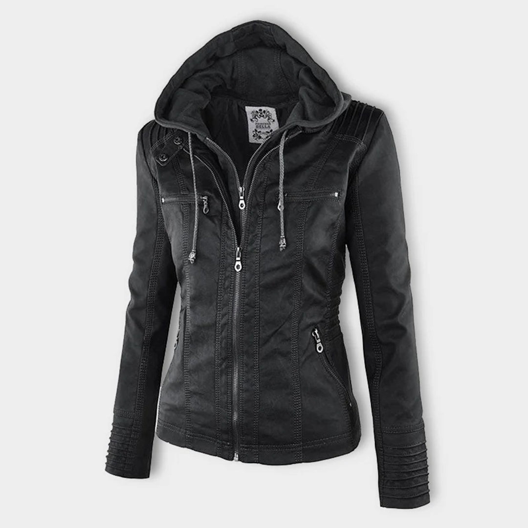 Esther/ Elegante chaqueta de cuero marrón para mujer con capucha, manga larga y estilo motero acolchado.
