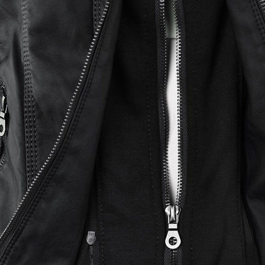 Esther/ Elegante chaqueta de cuero marrón para mujer con capucha, manga larga y estilo motero acolchado.