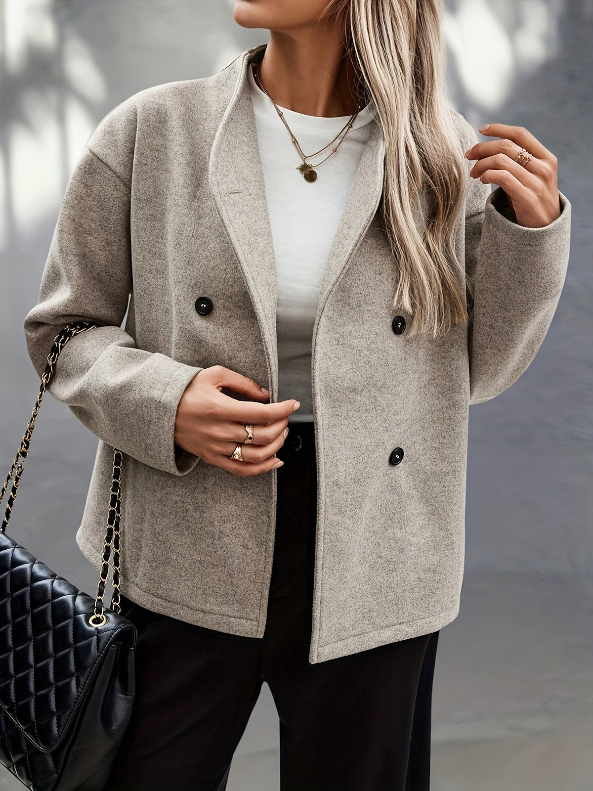 Helen / Elegante abrigo de lana color albaricoque para mujer, con cuello alto, manga larga, cierre cruzado de doble botonadura y corte oversize
