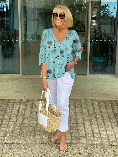 Blusa Floral Elegante con Escote en V Relajado