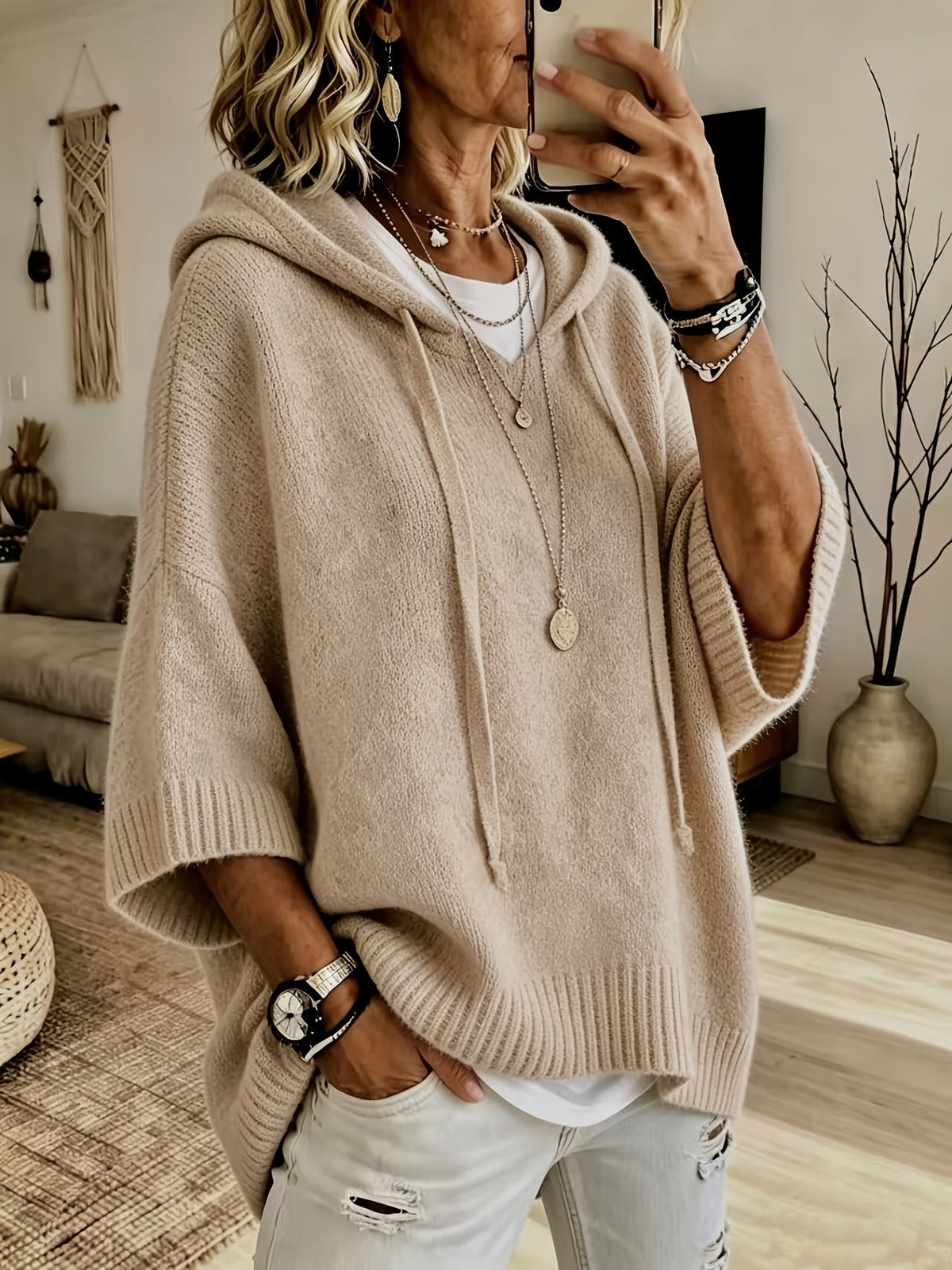 Sudadera de Punto Oversize Cómoda para Mujer con Cuello con Capucha, Media Manga Murciélago y Estilo Relajado