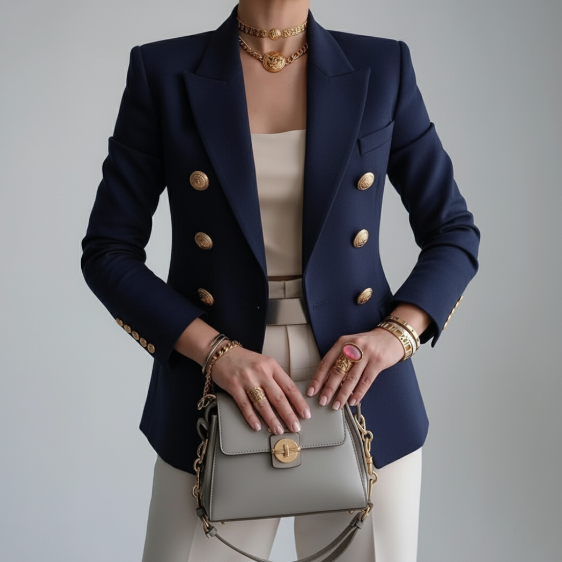 Blazer elegante de doble botonadura para mujer con manga larga, solapa de muesca y botones dorados