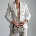 Blazer elegante de doble botonadura para mujer con manga larga, solapa de muesca y botones dorados