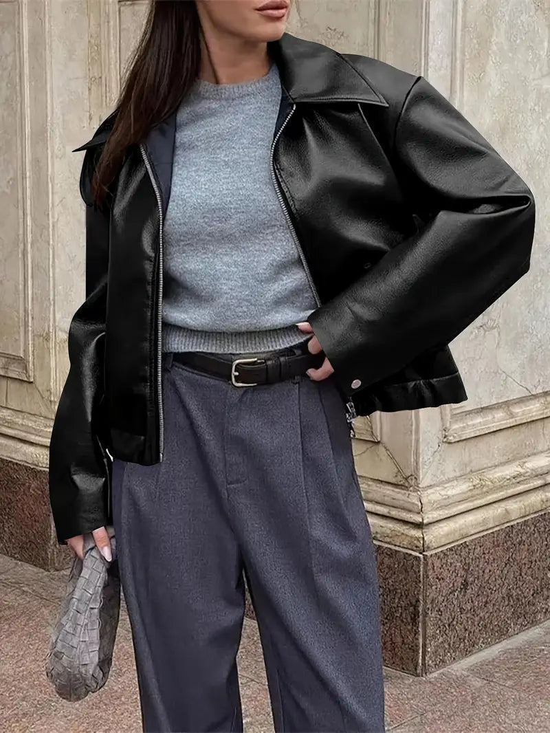 Vitoria / Elegante chaqueta de cuero sintético para mujer con cuello, manga larga y corte oversize cropped