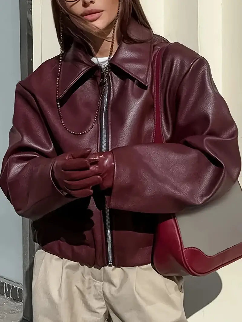 Vitoria / Elegante chaqueta de cuero sintético para mujer con cuello, manga larga y corte oversize cropped
