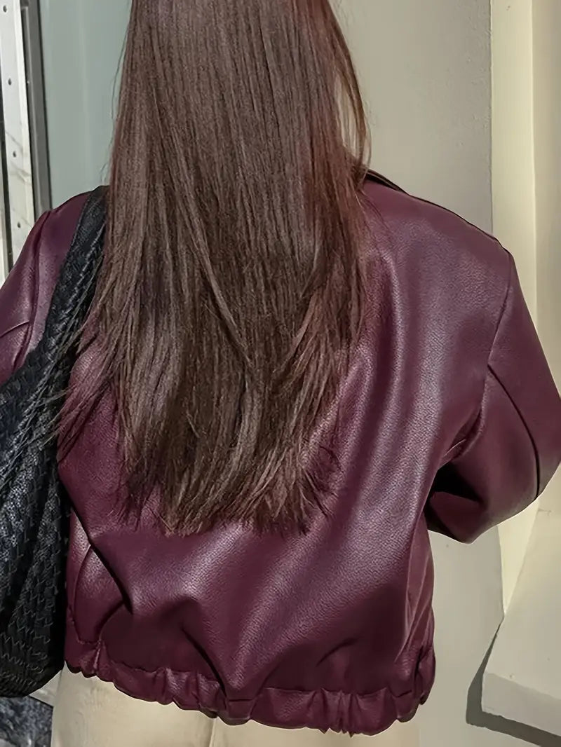 Vitoria / Elegante chaqueta de cuero sintético para mujer con cuello, manga larga y corte oversize cropped