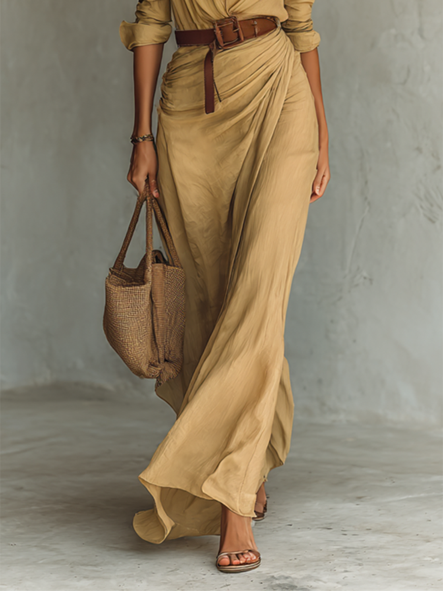 Vestido Maxi Elegante con Cuello y Cinturón Mujer