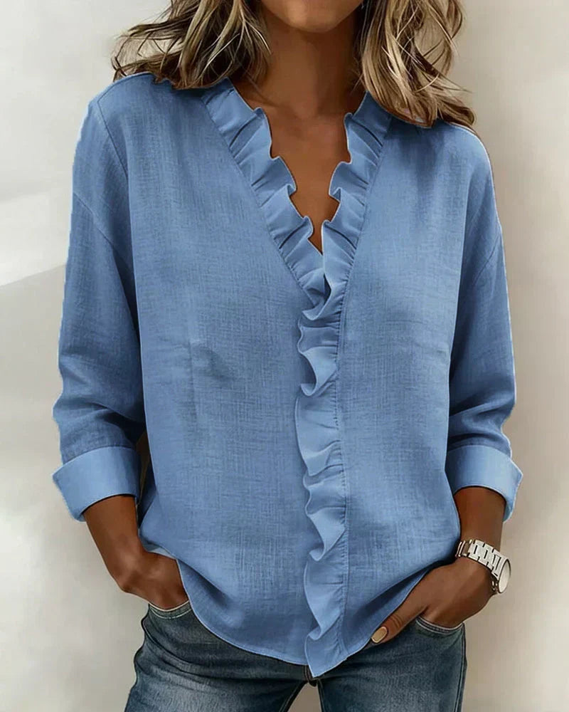 Blusa Elegante con Escote en V y Volantes Delicados