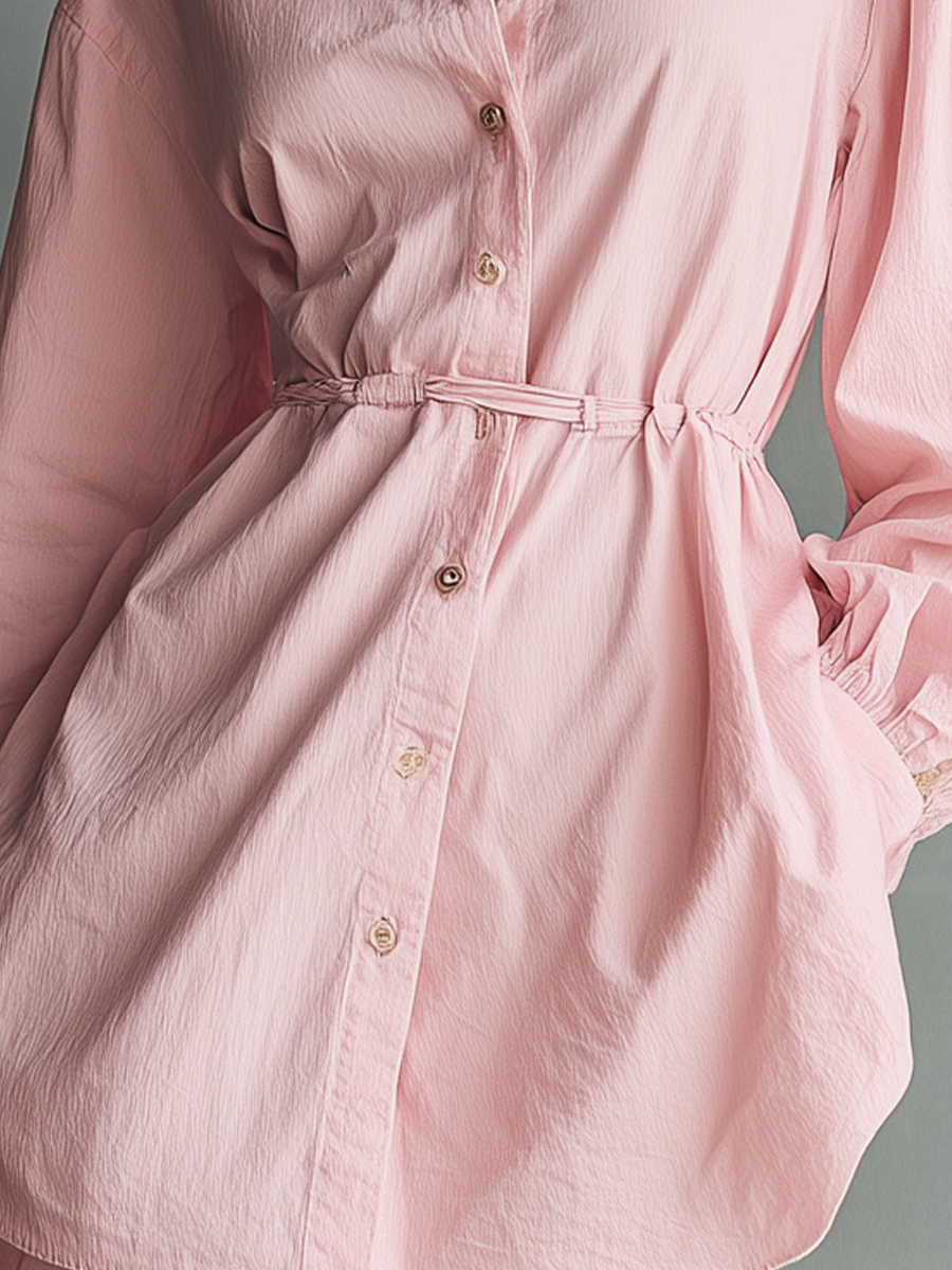 Vestido Mini Informal Rosa con Cuello Solapa y Mangas Farol para Mujer