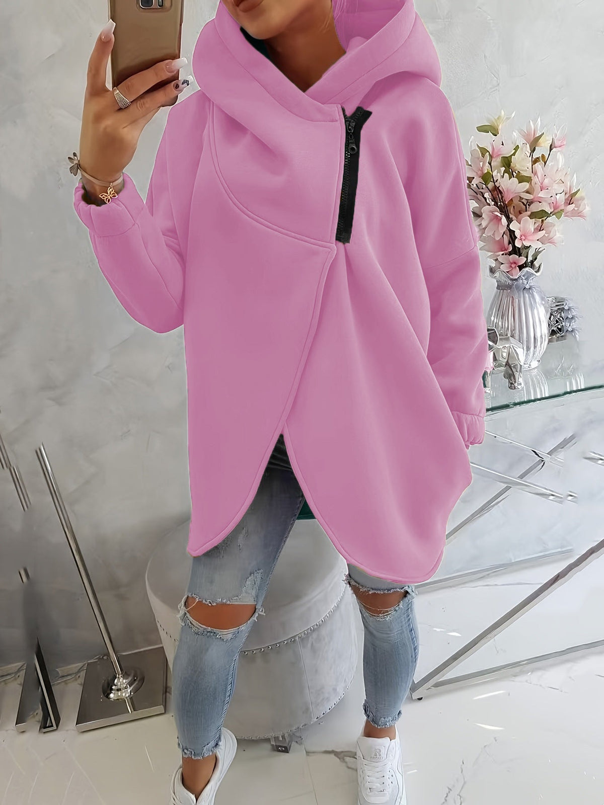 Sudadera de Forro Polar sin Esfuerzo para Mujer con Cuello Drapeado, Manga Larga, Bajo Asimétrico Tulipán y Estilo Relajado