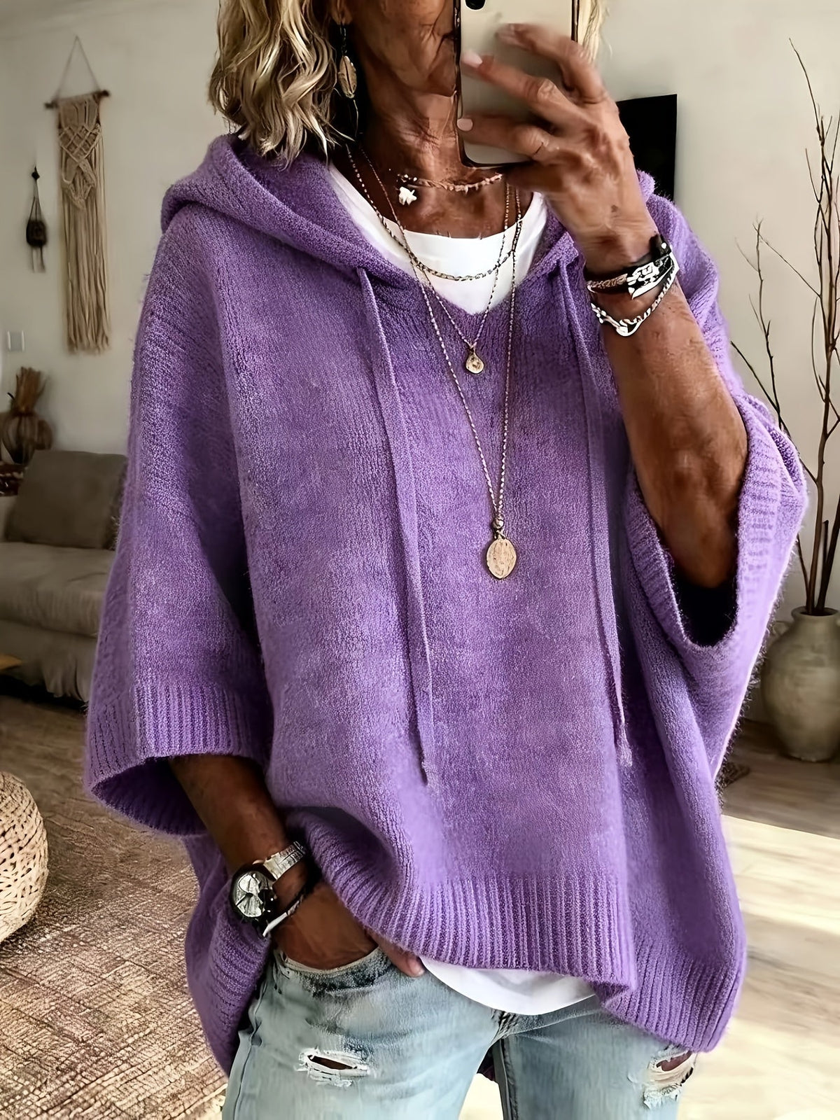 Sudadera de Punto Oversize Cómoda para Mujer con Cuello con Capucha, Media Manga Murciélago y Estilo Relajado