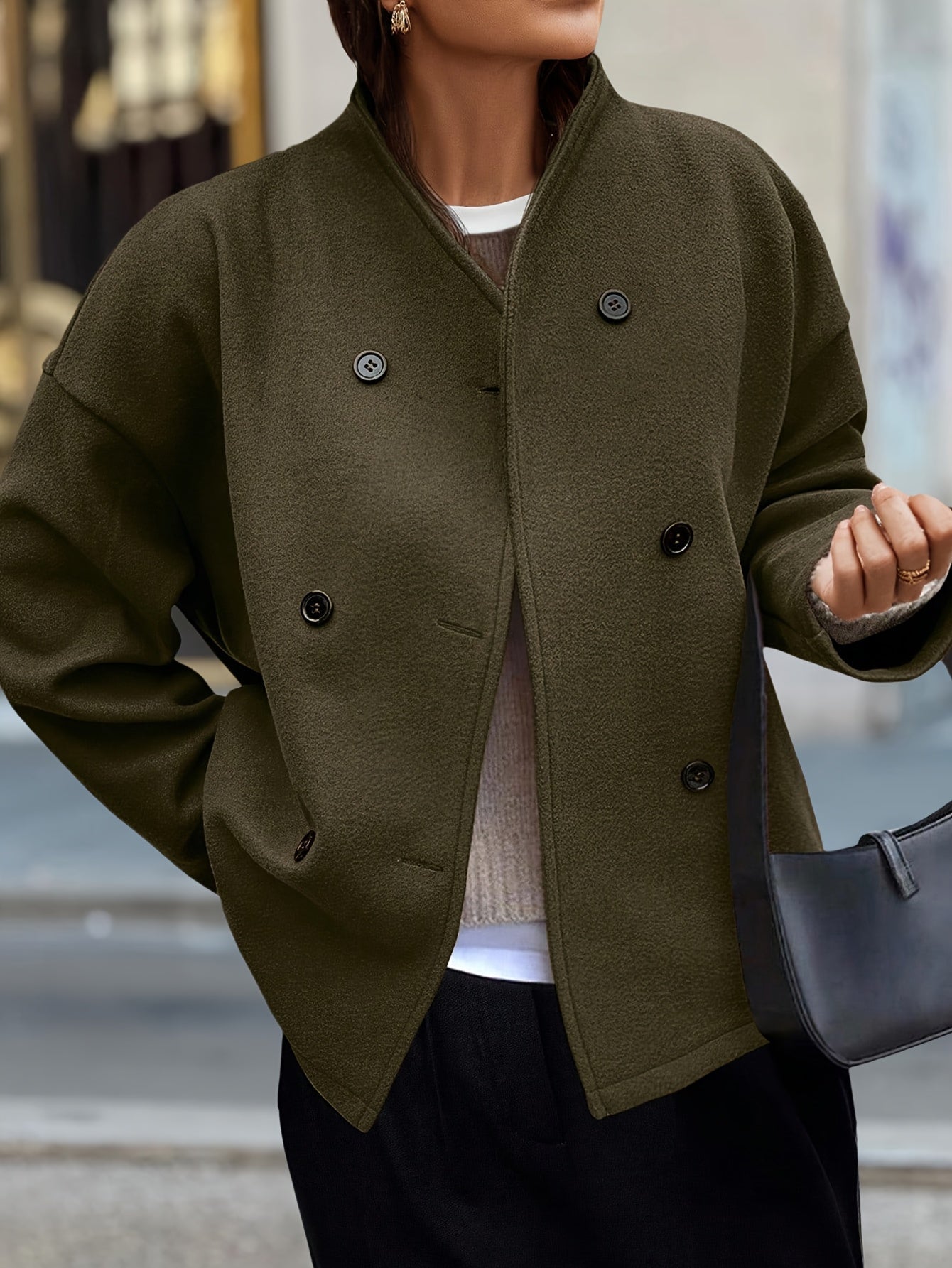 Caroline / Elegante abrigo verde oscuro para mujer con cuello alto, manga larga, cierre cruzado de doble botonadura y corte relajado