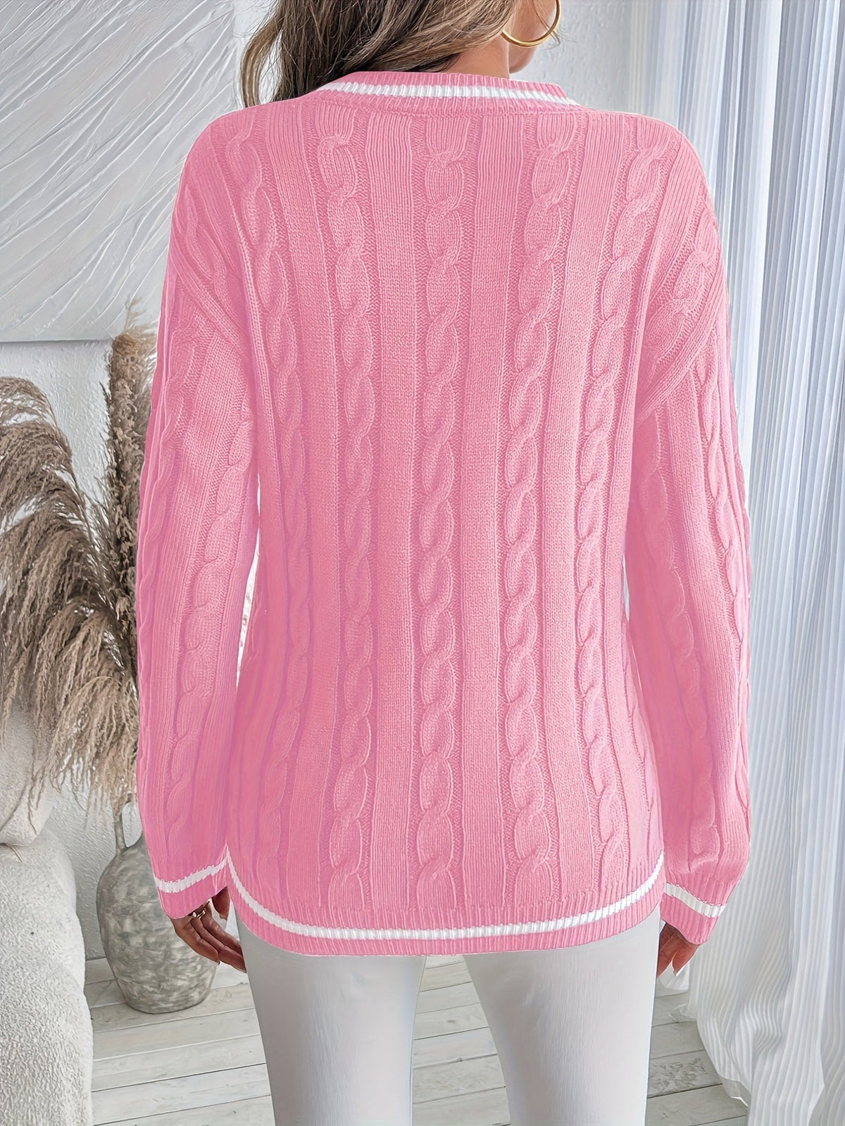 Jersey de Punto Trenzado Cómodo para Mujer con Cuello en V, Manga Larga, Ribete de Rayas y Estilo Oversize Relajado