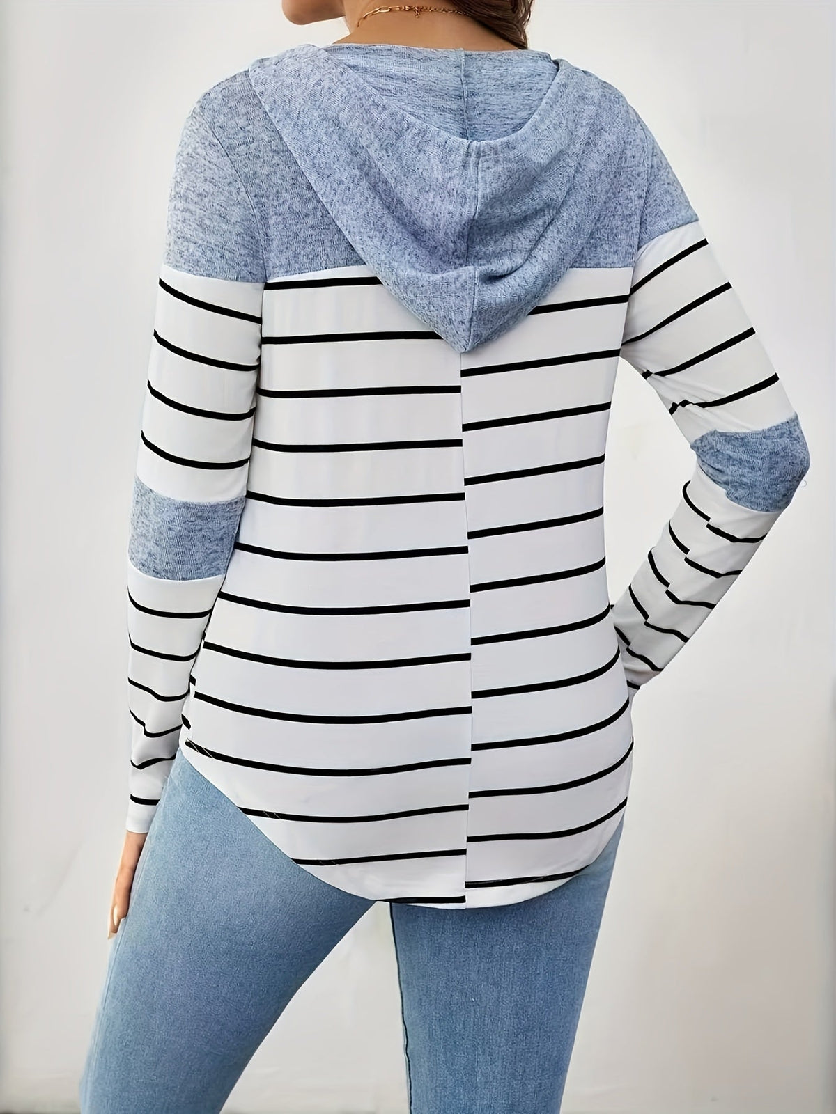 Sudadera Premamá de Rayas Cómoda para Mujer con Capucha de Cordón, Manga Larga, Bajo Curvo y Estilo Informal