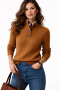 Jersey de Punto Trenzado Cómodo para Mujer con Cuello Alto Simulado, Botonadura, Manga Larga y Estilo Oversize