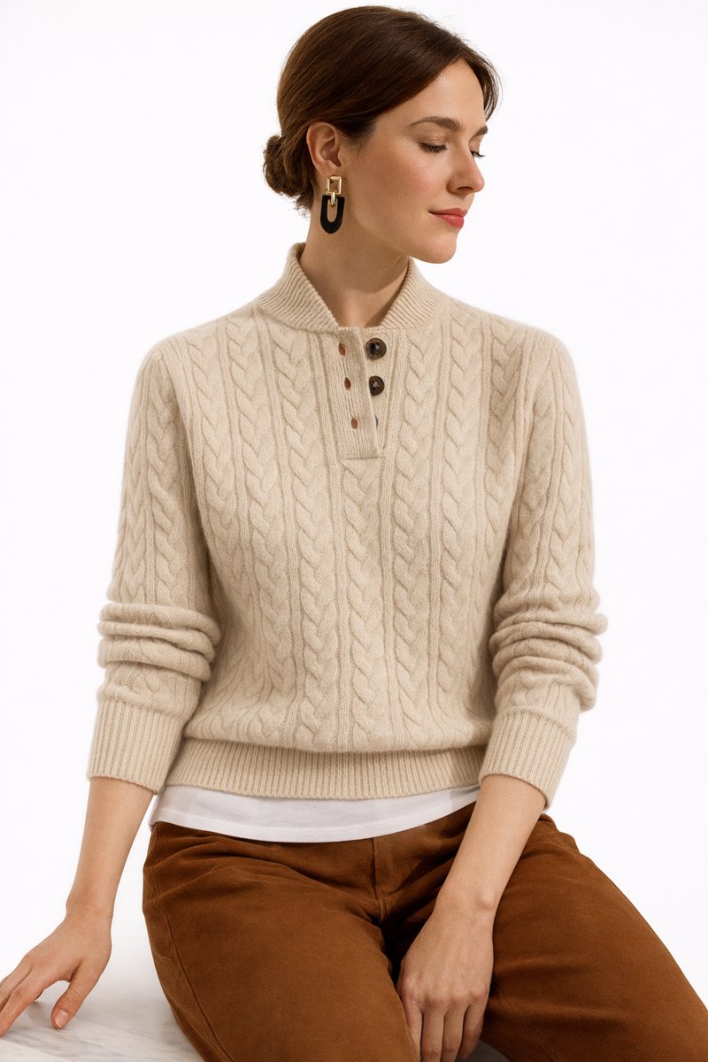 Jersey de Punto Trenzado Cómodo para Mujer con Cuello Alto Simulado, Botonadura, Manga Larga y Estilo Oversize