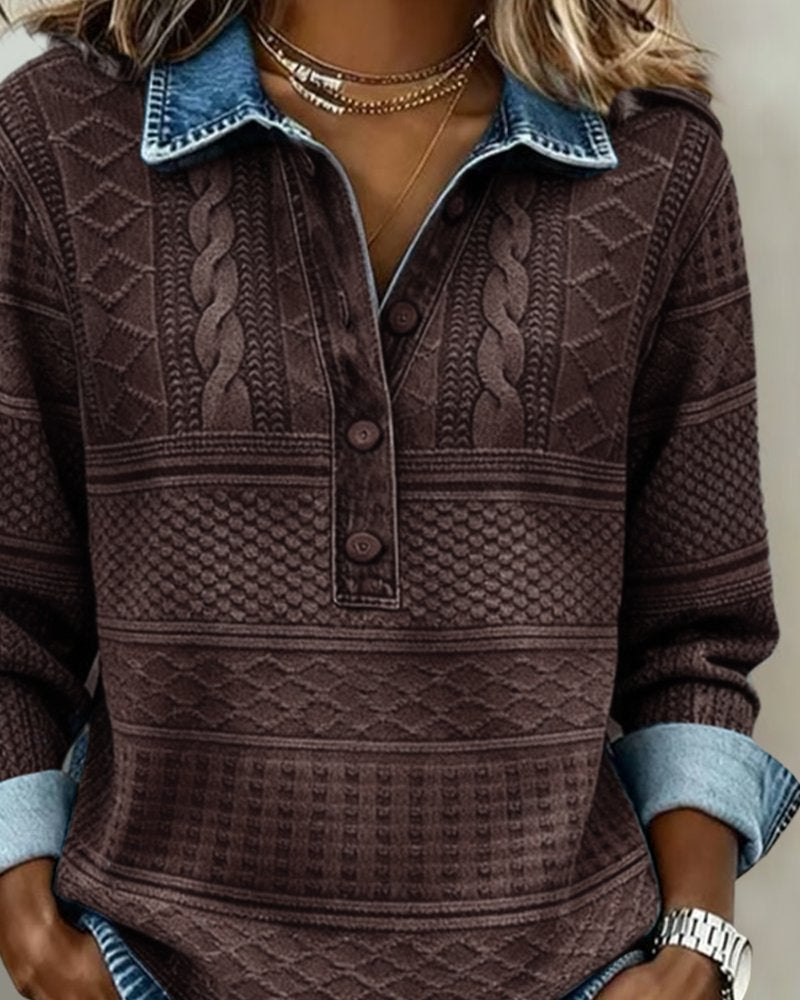 Sudadera de Punto Trenzado sin Esfuerzo para Mujer con Cuello, Manga Larga, Botonadura Delantera y Estilo Relajado