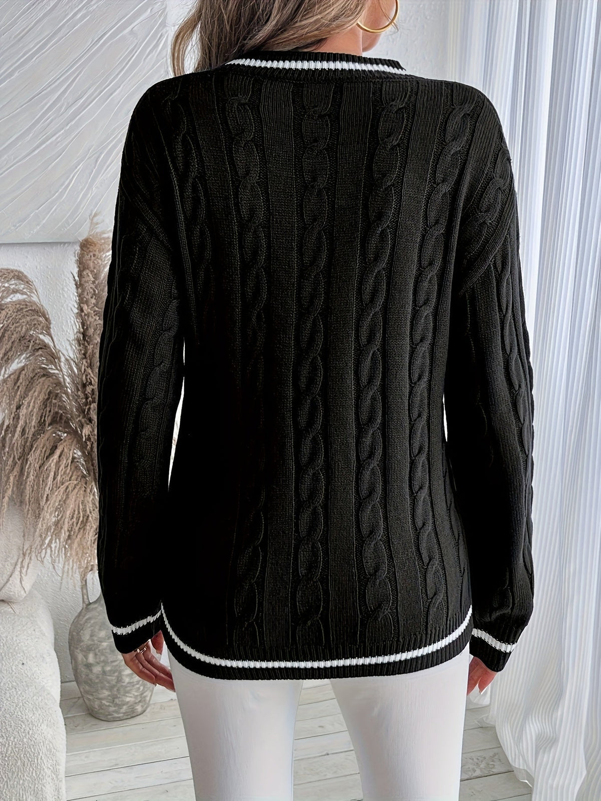 Jersey de Punto Trenzado Cómodo para Mujer con Cuello en V, Manga Larga, Ribete de Rayas y Estilo Oversize Relajado