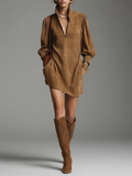 Vestido Mini a la Moda Holgado de Ante con Cremallera y Cuello Alto para Mujer
