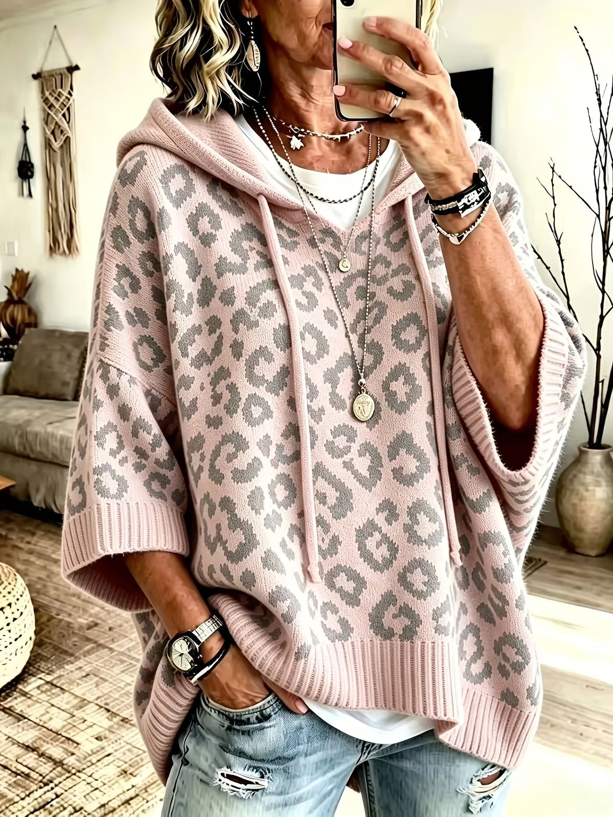 Sudadera Oversize Estampada de Leopardo Cómoda para Mujer con Cuello con Capucha, Manga Murciélago y Estilo de Punto con Cordón