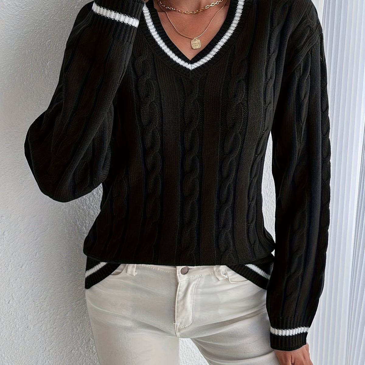 Jersey de Punto Trenzado Cómodo para Mujer con Cuello en V, Manga Larga, Ribete de Rayas y Estilo Oversize