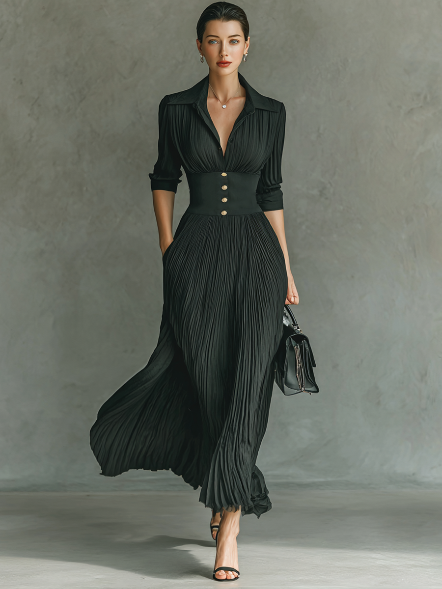 Vestido Maxi Elegante Con Cuello Solapa Y Falda Plisada