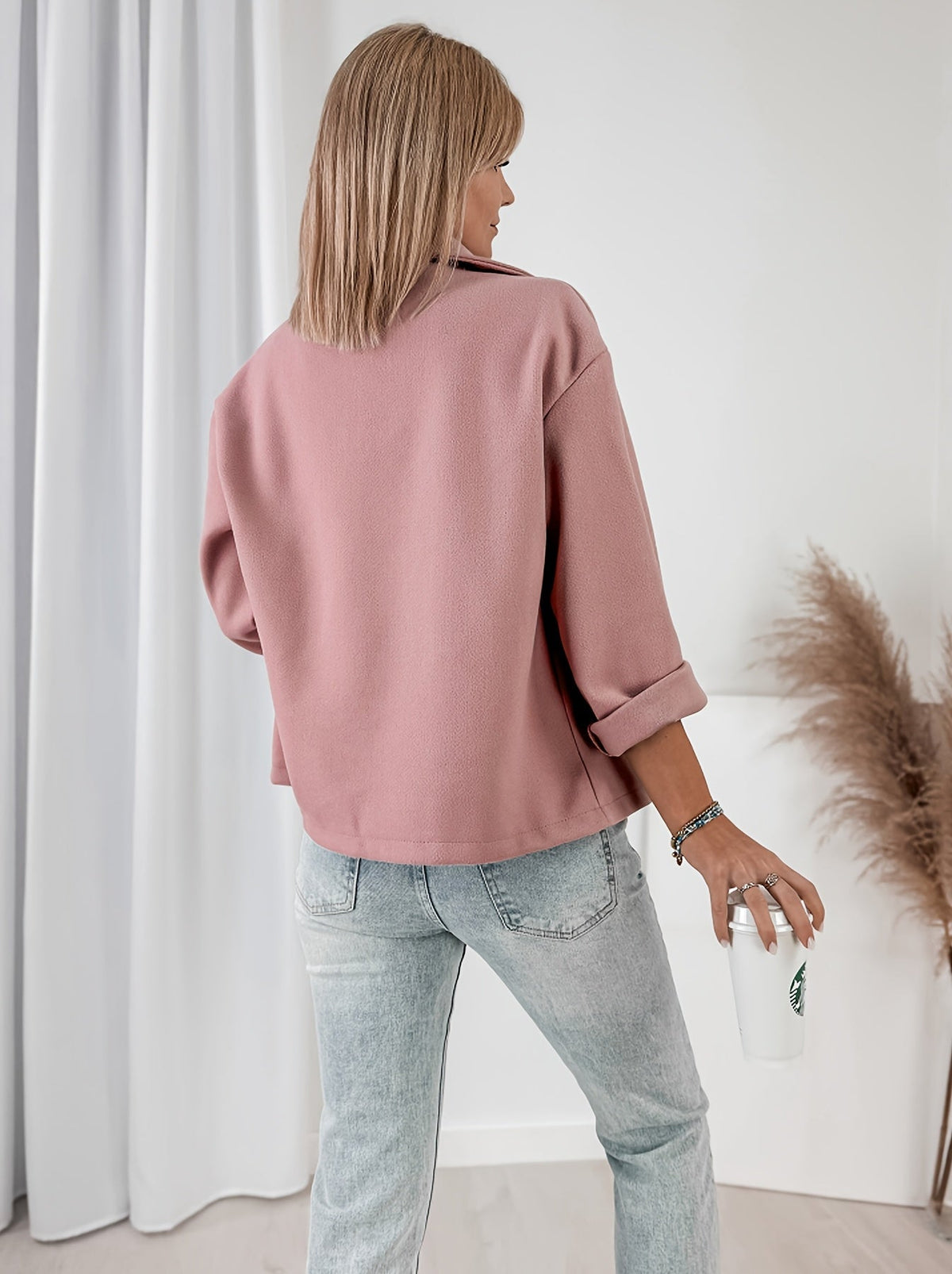 Rouse / Abrigo corto rosa para mujer con solapas de muesca, manga larga, cierre cruzado de doble botonadura y estilo casual