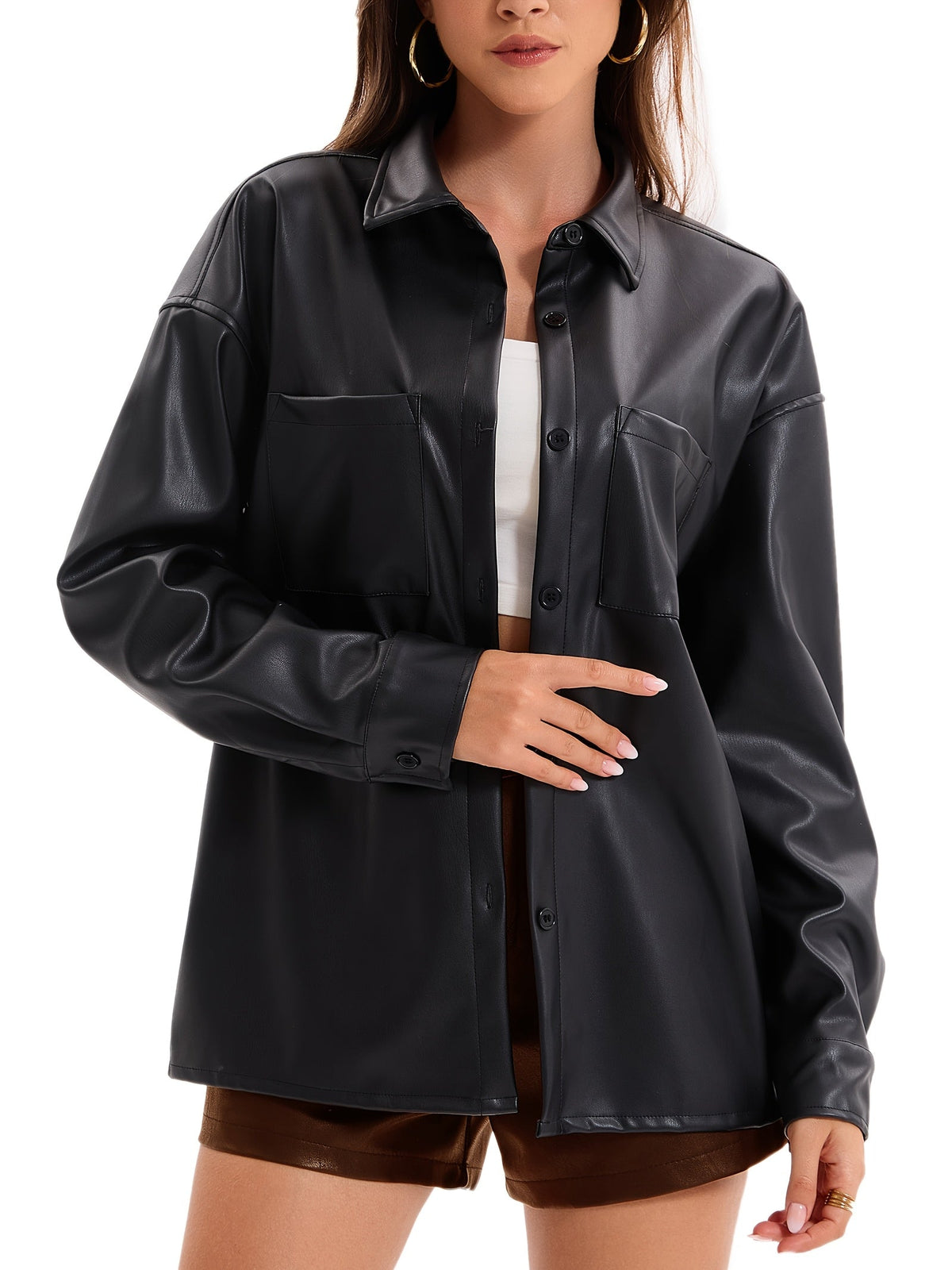 Verache / Chaqueta de cuero para mujer con botones delanteros, cuello camisero y corte oversize estilo sobrecamisa