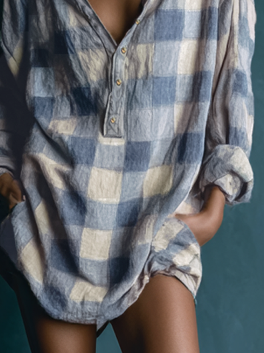Vestido Mini Holgado de Cuadros Lavado con Cuello Henley y Manga Larga para Mujer