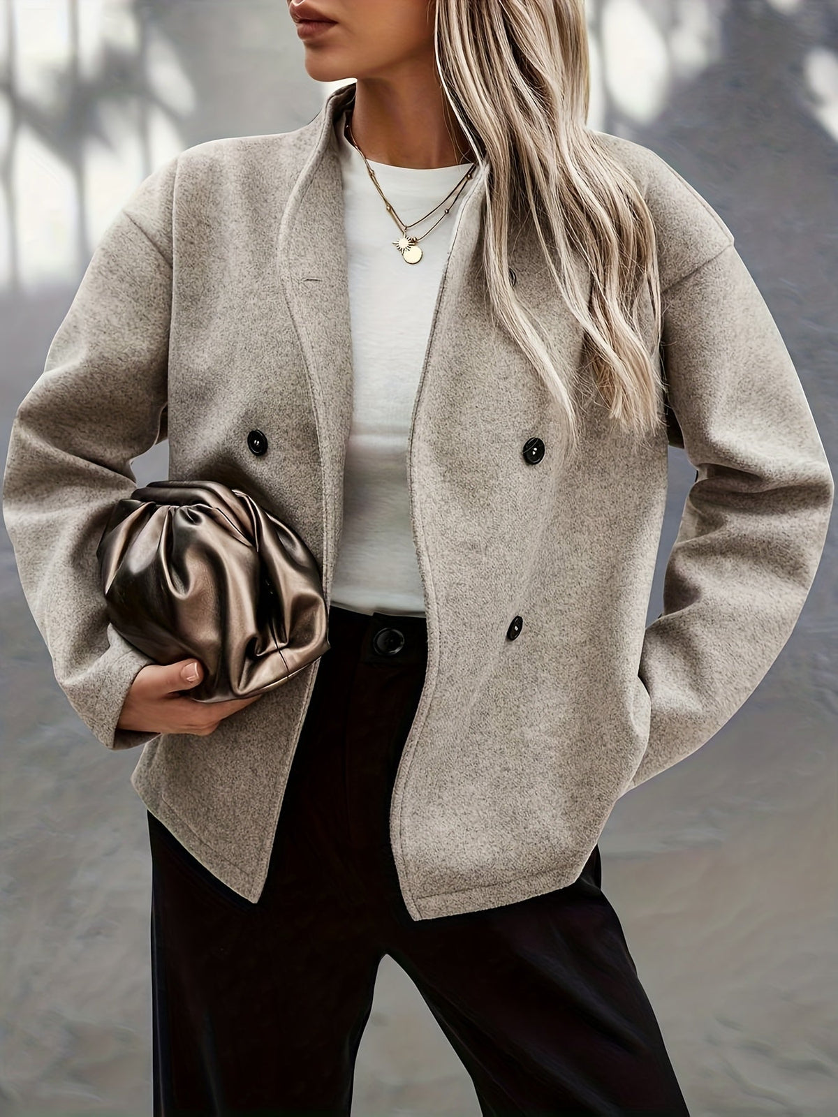 Helen / Elegante abrigo de lana color albaricoque para mujer, con cuello alto, manga larga, cierre cruzado de doble botonadura y corte oversize