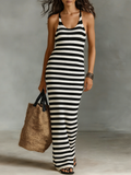 Vestido Maxi de Punto de Rayas Blancas y Negras con Cuello Halter Estilo Vacaciones Minimalista para Mujer