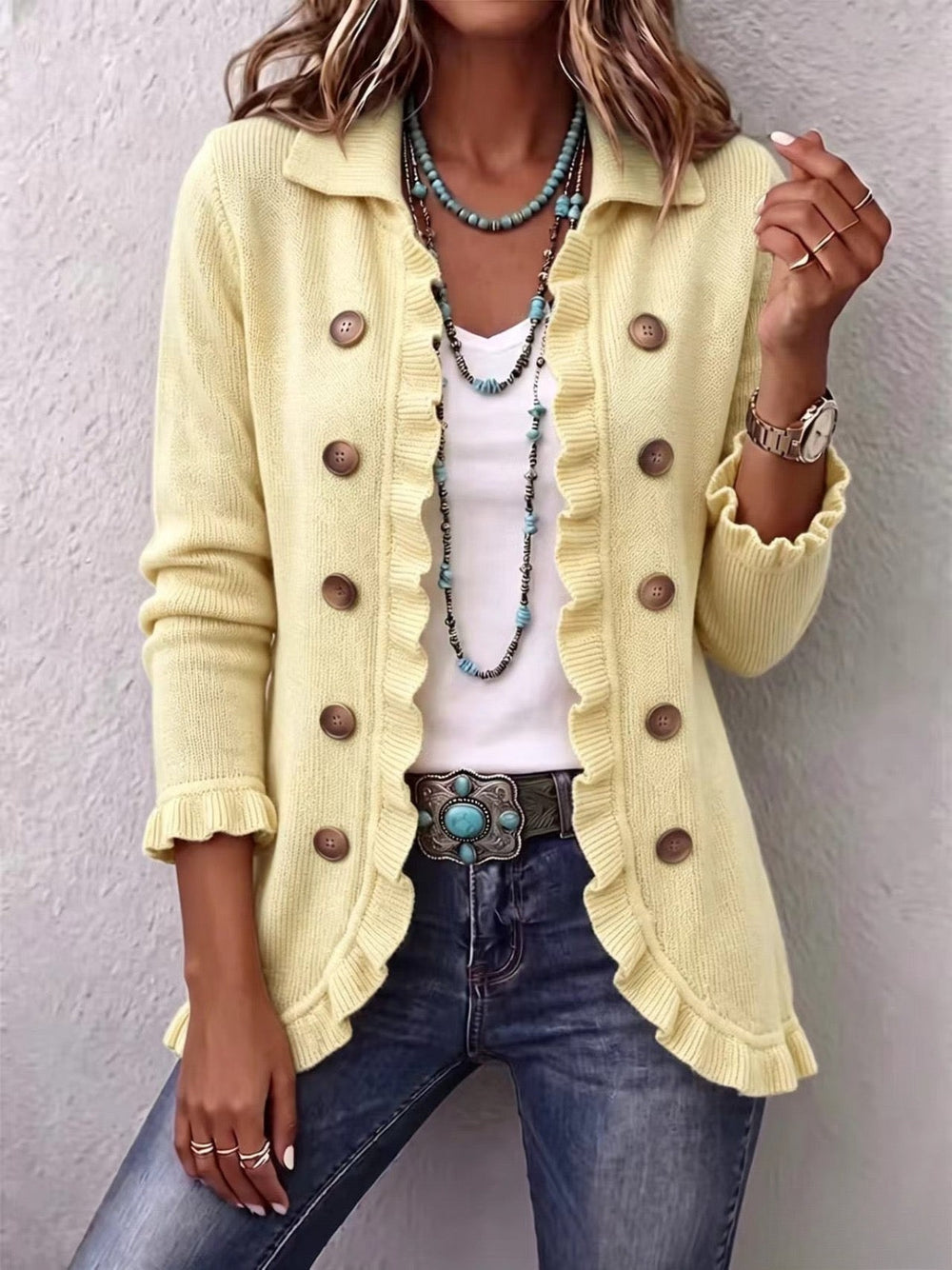 Lillian | Chaqueta con Volantes de Punto Canalé Color Mantequilla
