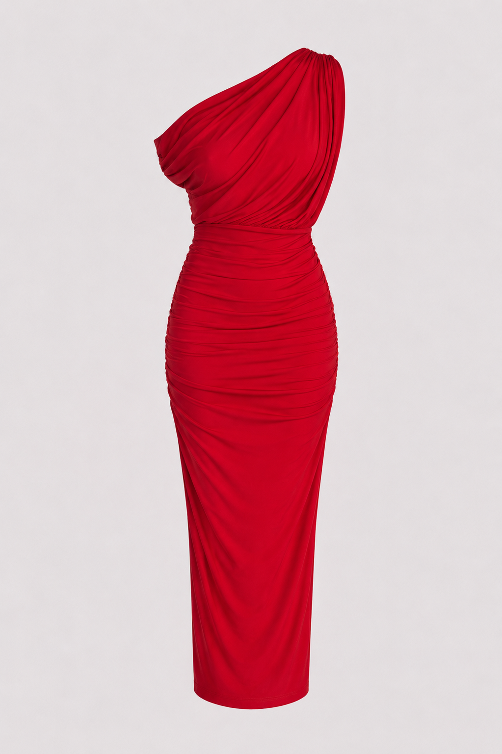 Vestido Midi Rojo con Escote Drapeado y Hombros Descubiertos