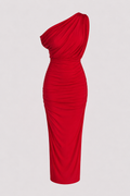 Vestido Midi Rojo con Escote Drapeado y Hombros Descubiertos